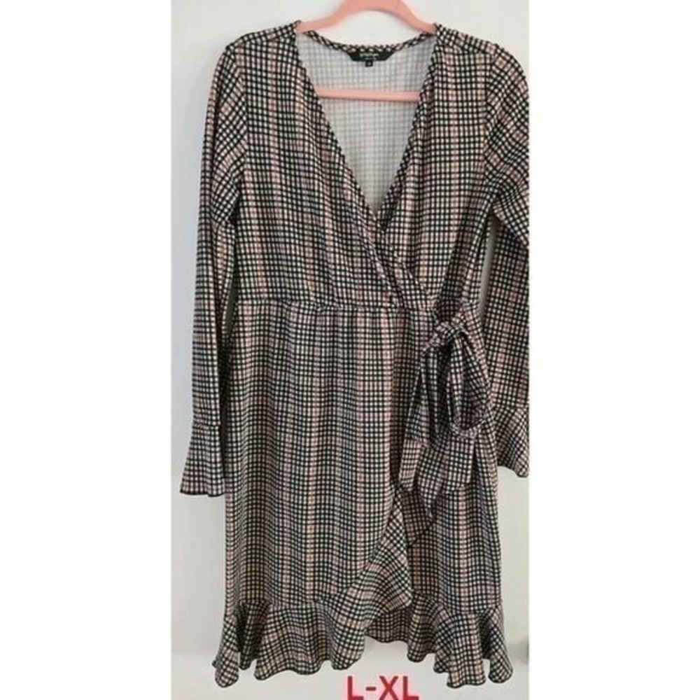 Plaid Wrap Dress Womens L XL Long Sleeve Ruffle Hem‎ Casual Fall